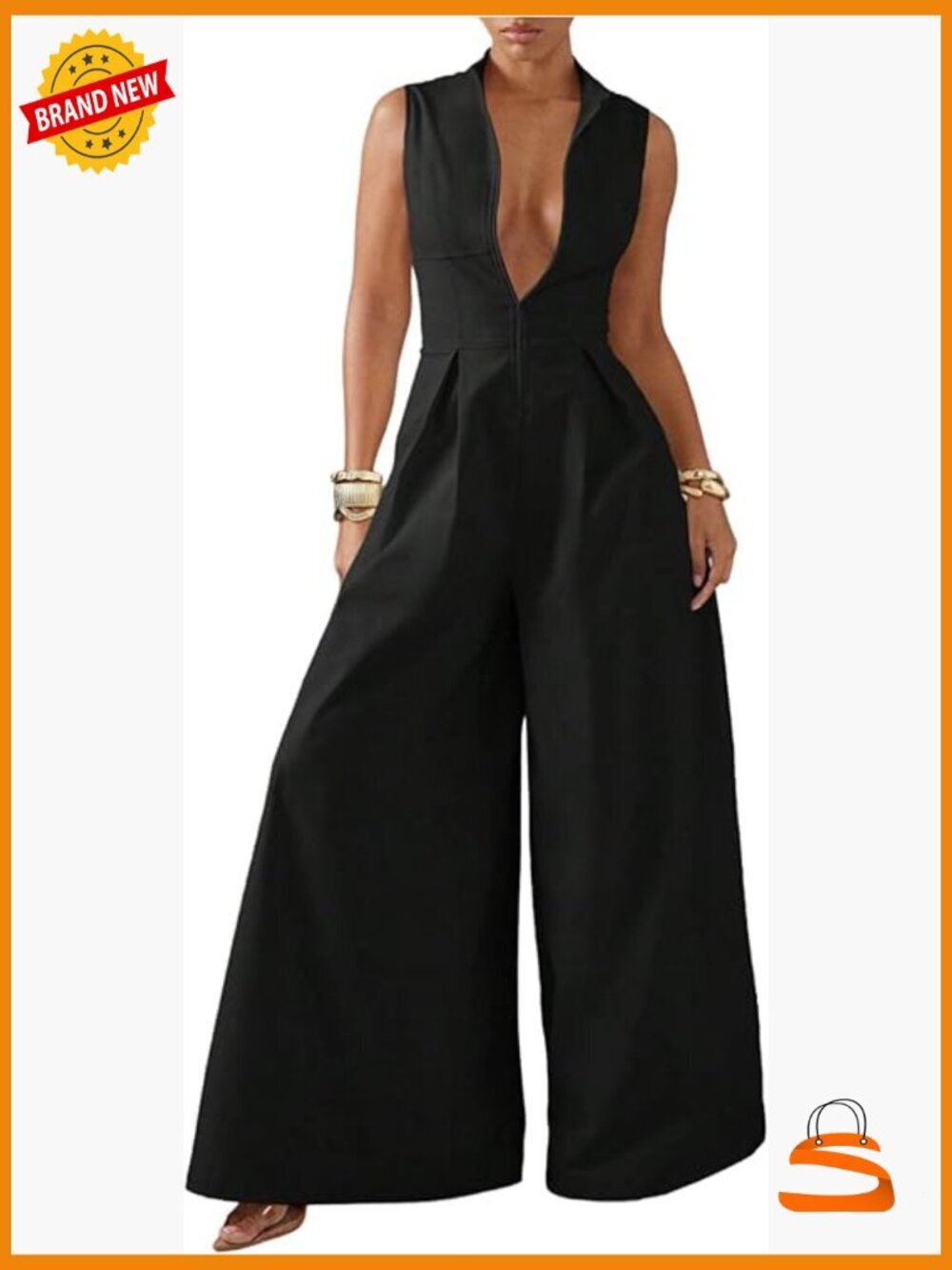 Sleeveless Wide Leg Jumpsuit with Front Zipper, Mock Neck, Loose Fit